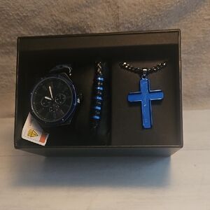 Men's Blue Watch and Cross Necklace Set